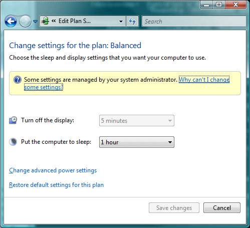 Figure 3 Power options showing a display idle timeout enforced with Group Policy
