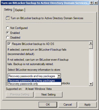Figure 3 Configuring Group Policy to include key packages in recovery information