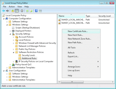 Figure 2 Using gpedit.msc to author software restriction policies