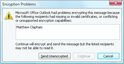 Figure 4 You can decide to send an unencrypted message if you encounter a problem with a certificate