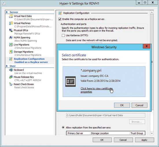 You can select your certificate in the Hyper-V Settings.