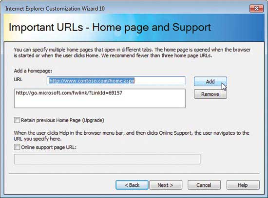 You can quickly and easily replace a URL to change the homepage in the Internet Explorer Customization Wizard 10.