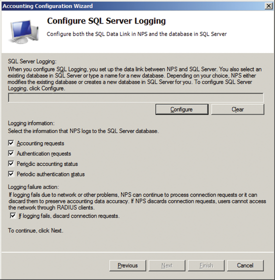 The Configure SQL Server Logging page