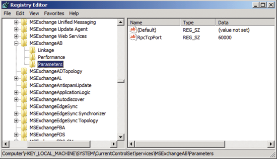 Figure 2 With Exchange 2010 SP1, you assign a static port for the MSExchangeAB in the registry