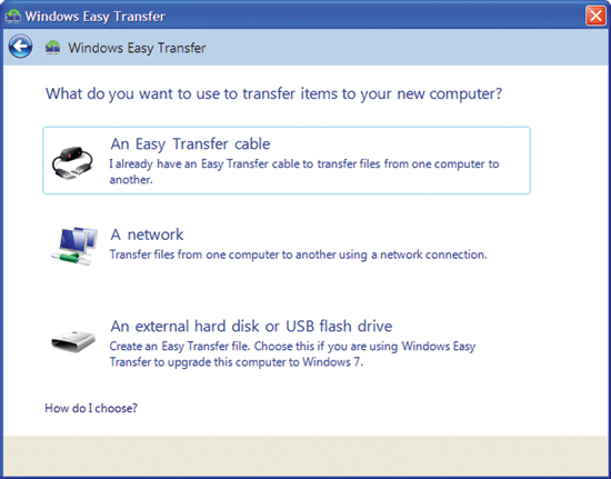 Figure 1 Windows Easy Transfer offers three ways to transfer items