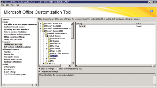 Figure 2 The Microsoft Office Customization Tool can modify user settings