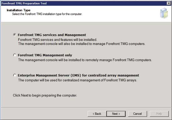 Figure 1 Choose the ForeFront TMG Services and Management option for installation