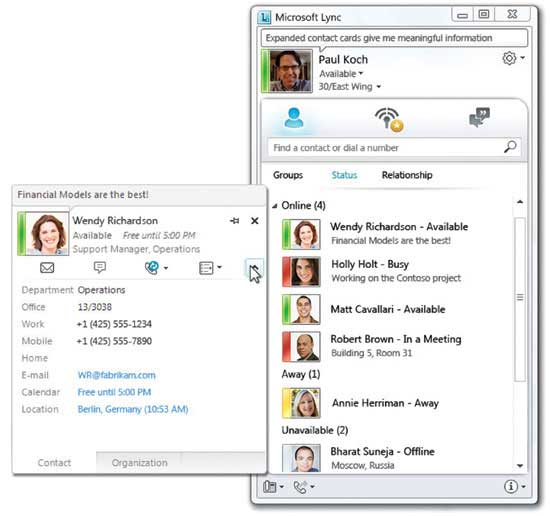 Figure 3 Each Lync contact has a fly-out contact card loaded with individual and organization metadata