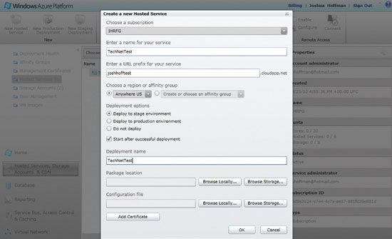 Figure 1 Creating a new Hosted Service in Windows Azure