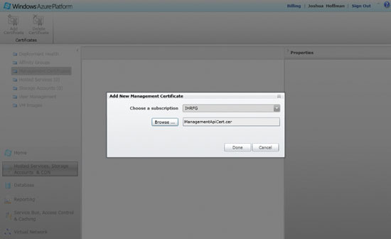 Figure 4 Adding a management certificate in Windows Azure