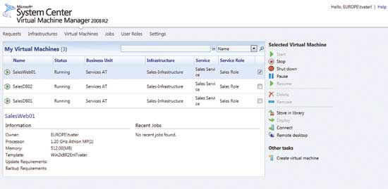 A sample console view of the Self Service Portal with several VMs