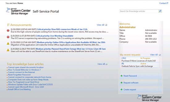 The System Center Service Manager Self-Service Portal