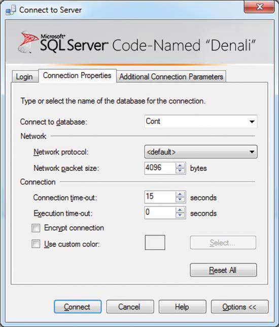 The “Connection Properties” tab of the SQL Server Management Studio connection dialog window