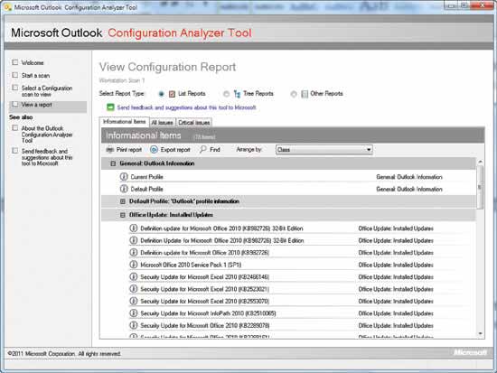 After each scan, the Microsoft Outlook Configuration Analyzer Tool presents a findings report.