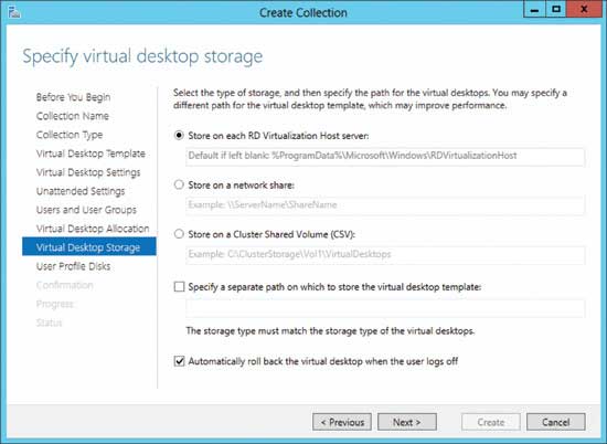 Specifying the virtual desktop storage location in the Create Collection wizard.