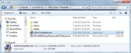 Extract the Office Administrative Template files to create this file structure.
