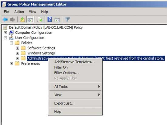 Right-click on the Administrative Templates folder and select the Add/Remove Templates command from the shortcut menu.
