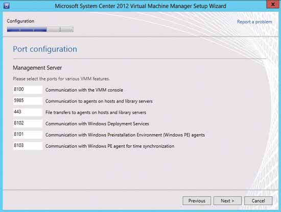 The VMM 2012 SP1 setup program tells you about the ports each component uses