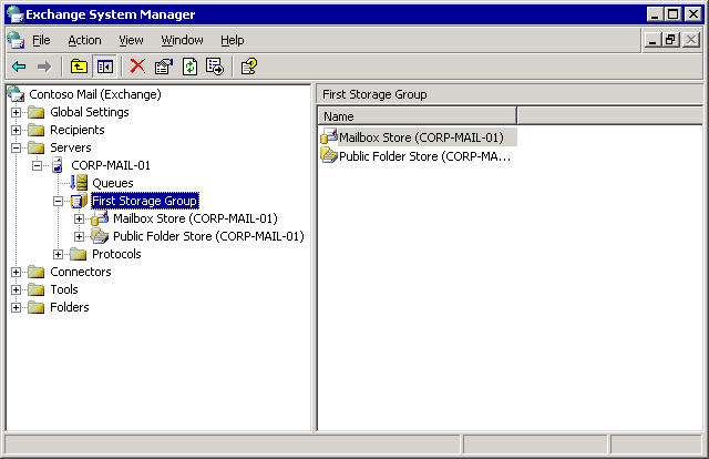 Exchange System Manager showing a recovery storage
