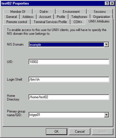 Figure 4.2. The UNIX Attributes tab for the user called test02