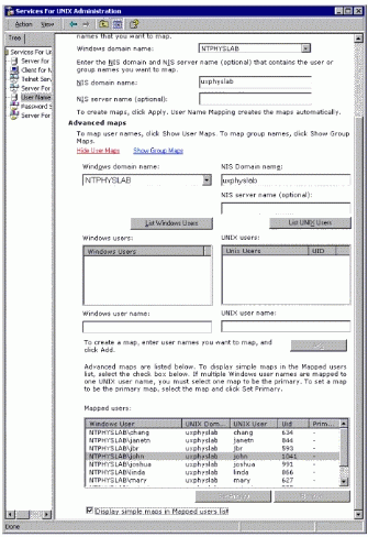 Figure 3: Example of Services for UNIX Administration-User Name Mapping screen.
