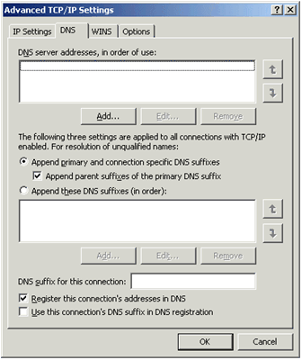 Figure 9-3  The DNS tab from the advanced configuration of Internet Protocol (TCP/IP)
