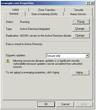 Figure 9-6  The properties dialog box for a forward lookup zone