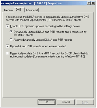 Figure 9-9  The DNS tab on the properties of a DHCP server