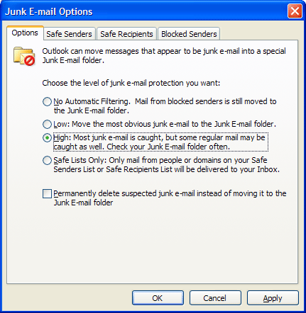 Figure 6 Configuring the Junk E-mail filter with a high level of security