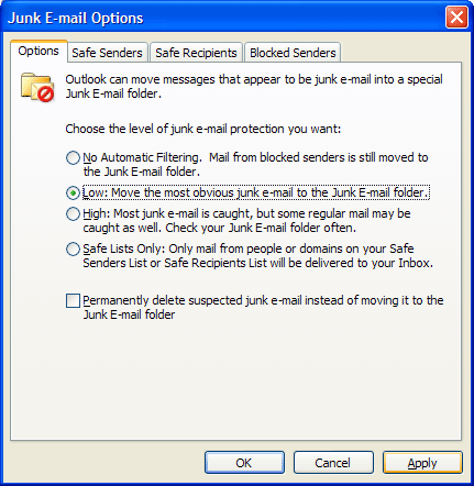 Figure 7 Configuring the Junk E-mail filter with a low level of security
