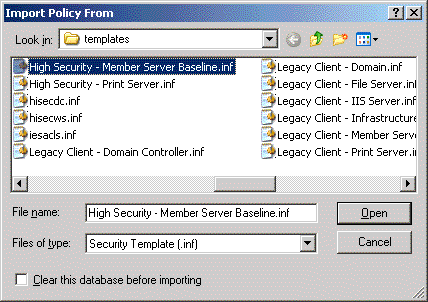 Figure 14 Defining security settings by using the file High Security - Member Server Baseline.inf