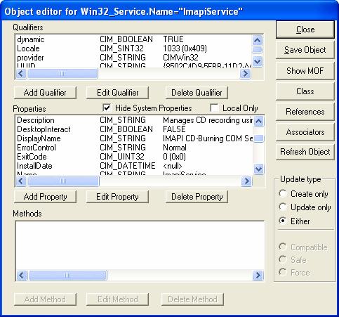 Object editor for Win_Service.Name="ImapiService"