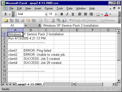Excel spreadsheet with script output