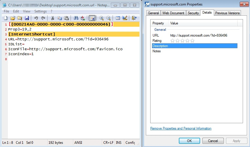 Screenshot of the original file and the Properties window where no Description, Notes or Rating.under the Details tab.