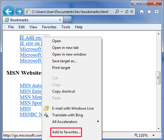 Screenshot of the bookmarks.html file opened in IE. Add to favorites entry is highlighted.