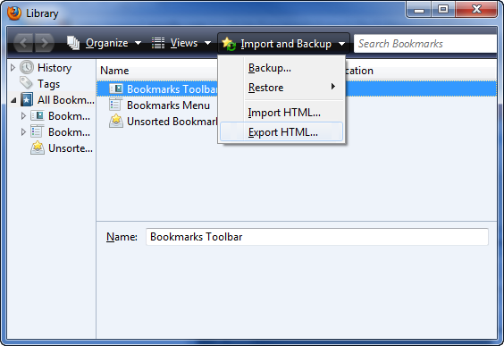 Screenshot of the Library window. Export HTML item is highlighted under Import and Backup drop-down.