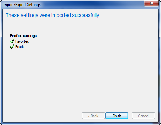 Screenshot of the Firefox settings imported successfully window.