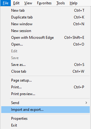 Screenshot of the File menu. The import and export item is highlighted.