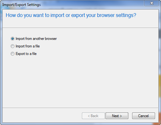 Screenshot of the Import or Export Settings window, where Import from another browser option is selected.