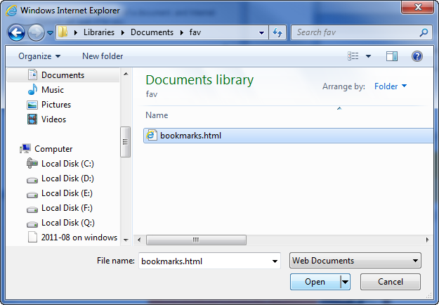 Screenshot of Document library, where the bookmarks.html file is listed.
