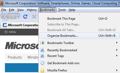 Screenshot of Bookmarks menu. The Organize Bookmarks item is selected.