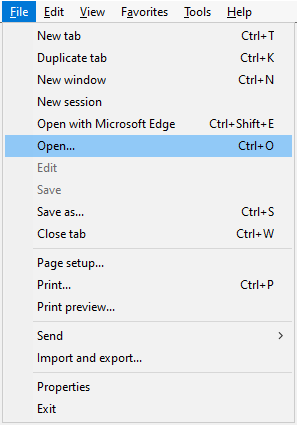 Screenshot of the File menu. The Open entry is highlighted.