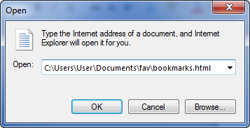 Screenshot of the Open dialog, listing he path of the bookmarks.html file.
