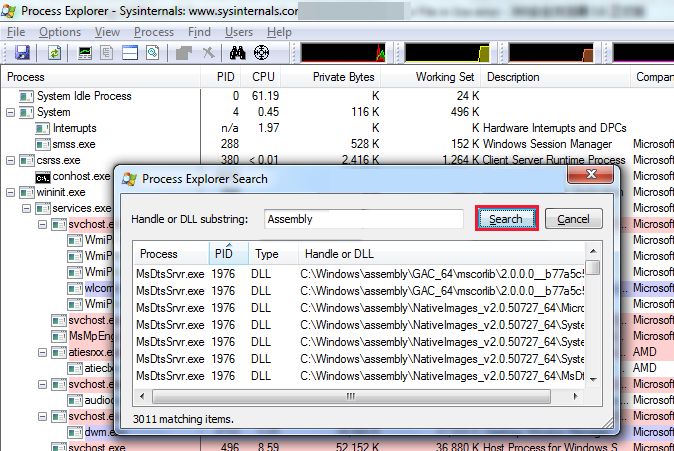 Screenshot shows steps to search assembly.