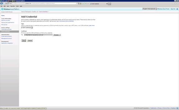 Screenshot to save the public certificate you previously saved to disk.