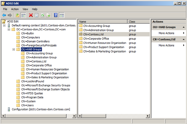 Screenshot of A D S I Edit window expanding the OU\=HAB Groups.