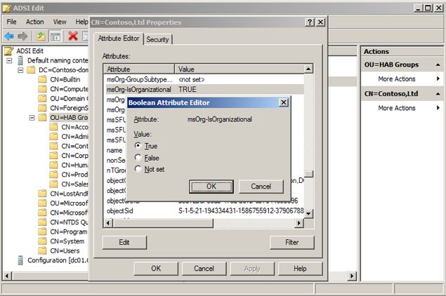 Screenshot of selecting msOrg-IsOrganizational and edit.