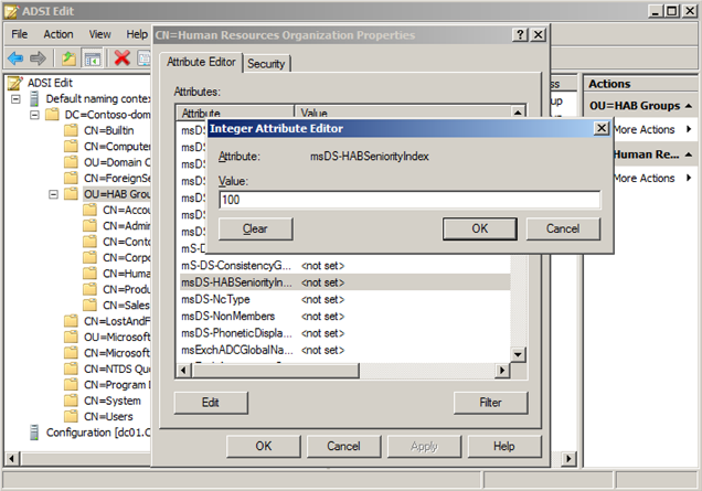 Screenshot about setting value for the msDS-HABSeniorityIndex of Human Resources Organization.