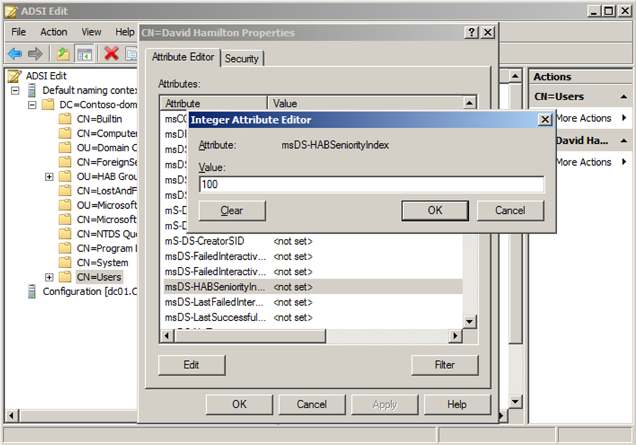 Screenshot of setting value to msDS-HABSeniorityIndex of David Hamilton.