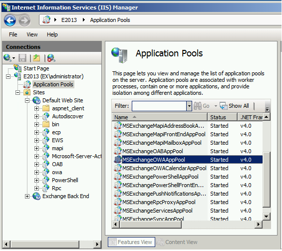 Screenshot of the IIS Manager window with MSExchangeOWAAppPool selected.